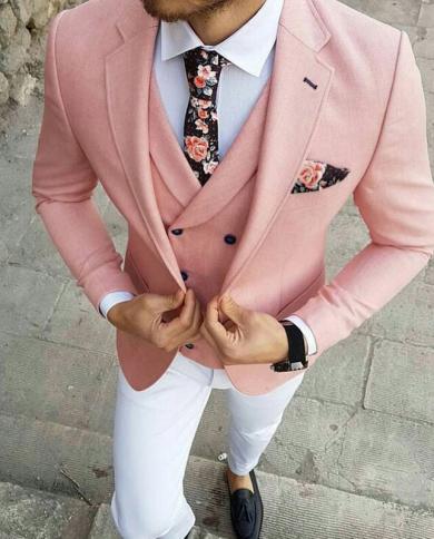 Latest Men Pink Tuxedo Suits For Prom White Pants Wedding Suits Set 3 Pieces Single Breasted Blazer jacketpantsvest 
