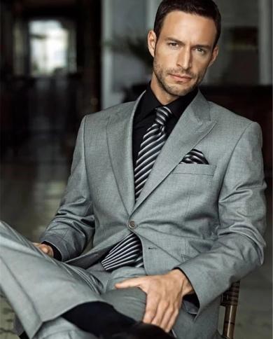 Italian Grey Business Men Suits Peak Lapel Costume Homme Wedding Tuxedo Terno Masculino Slim Fit Blazer 2 Pcs Jacket Pan