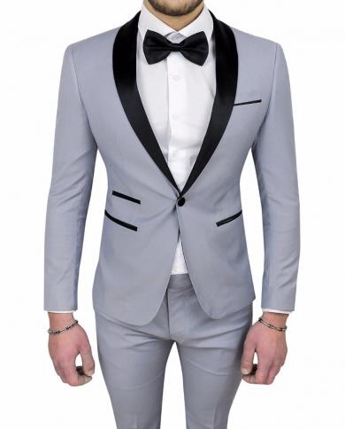 Custom Made  Groom Wedding Suits For Men 2 Pieces Light Gray 1 Button Shawl Lapel Tuxedos Terno Masculino Blazer Sets Me