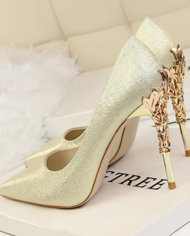 Bigtree Metal Carved Wedding Bridal High Heels Solid Silk Shoes Pointed Toe Shallow Women Pumps Ladies Elegant High Heel