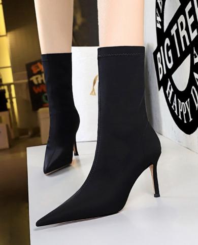 2022 Women 75cm 10cm High Heels Silk Sock Boots Plus Size 43 Short Ankle Boots Lady Stripper Winter Low Heels Designer 