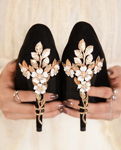 ¡Novedad de 2022! Zapatos de tacón de gamuza para mujer, zapatos de lujo con diamantes de imitación y flores de Metal para fiest