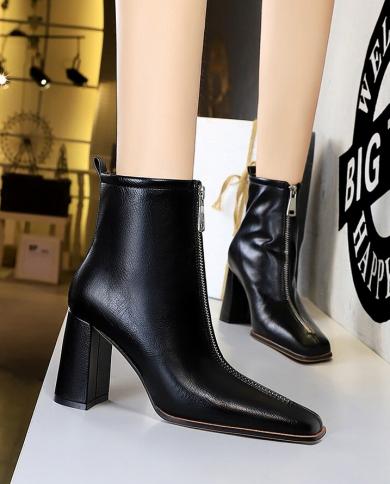 Bigtree  Winter Warm Woman Pu Leather Thick With Boots Square Toe 85cm High Heels Short Boots Lady  Prom Nightclub Shoe