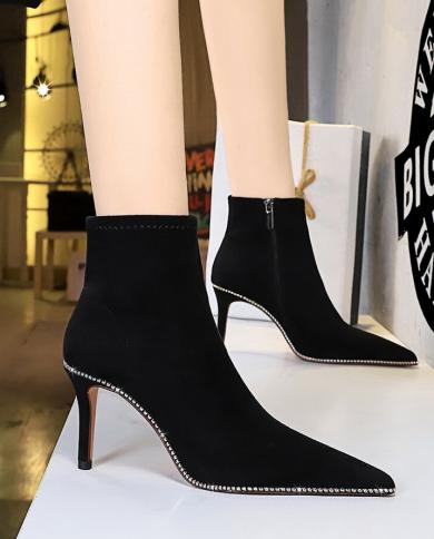 Bigtree New Style  Nightclub Thin Heel 8cm Super High Heel Flock Crystal Pointed Toe Party Ladies Boots Ankle Boots Big 
