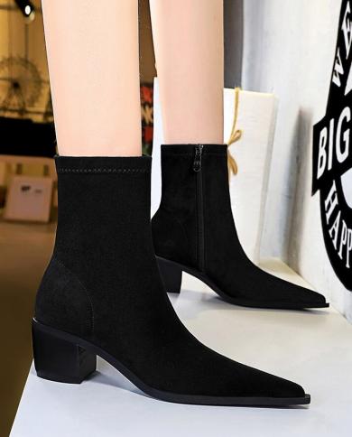 Bigtree Winter Casual Women Suede Ankle Boots Block High Heels Flock Chunky Boots Black Pointed Toe Chelsea Boots Gothic
