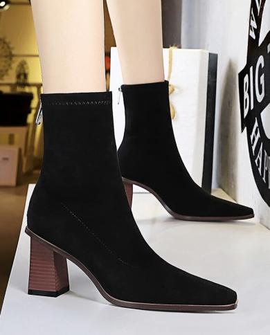  Winter Fashion Women Warm Fur Suede Ankle Boots Black 7 Block High Heels Flock Chunky Boots Pointed Toe Chelsea Boots S