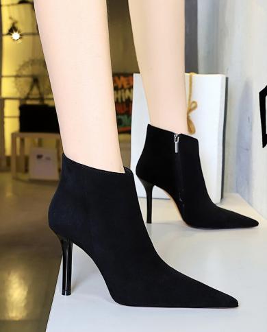 Bigtree 2023 New Women Suede Ankle Boots Fashion Black Zip Ladies Elegant Dress Short Boot Thin High Heel Dress Chelsea 