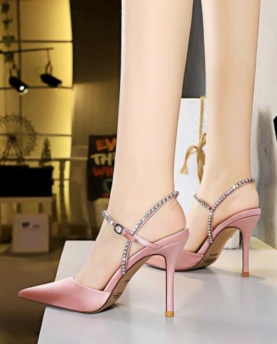 2023 Summer Luxury Women Glitter Crystal Blue High Heels Sandals Female Rhinestone Closed Toe Silk Sandals Wedding Party