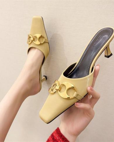 2022 New Style Summer Slides Women Low High Heels Mules Shales Casual Yellow Kitten Heels Slippers  Buckle Glossy Shoess