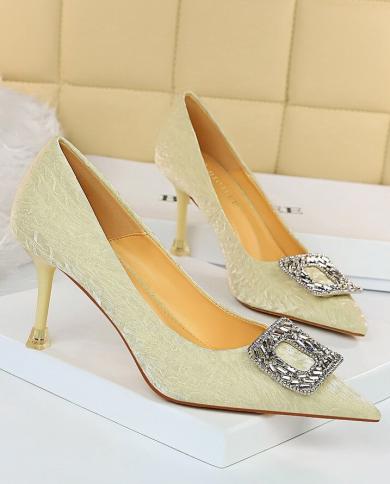  New Luxury Women Bling Green 8cm High Heels Pumps Female Tacons Crystal Beige Heels Scarpins Wedding Prom Shoes Plus Si