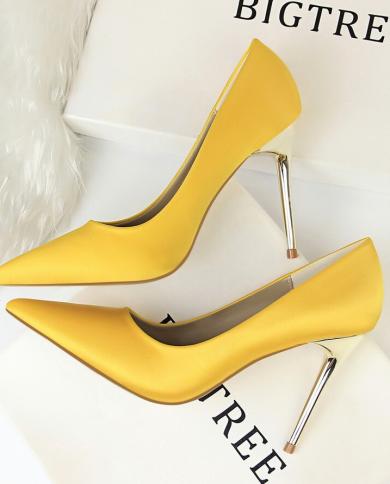 Luxury Brand Women Stain Silk  High Heels Pumps Designer Metal Blue Heels Gold Wedding Shoes Plus Size Female Prom Shoes