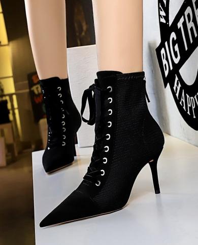 Bigtree New Punk Women Ankle Boots Lace Up Pointed Toe High Heel Black Chelsea Boots Pumps 8cm Shoes For Women Suede Boo