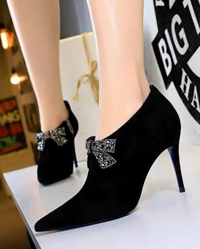 New Female Ankle Boots Fashion Velvet Pointed Rhinestone Bow Stiletto High Heel  Pointed Toe Short Booties For Women Sho
