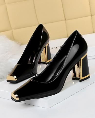 Bigtree 2022 Women Metal 7cm High Heels Lady Scarpins Patent Leather Block Low Heels  Square Toe Office Red Yellow Shoes