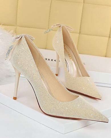 Bigtree Lady Sequins Shoes Bombas de moda para mujer Tacones altos Mujer Punta estrecha Zapatos de vestir con lazo Mujer Wedding