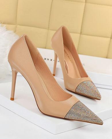 Zapatos Bigtree, zapatos de tacón con diamantes de imitación para mujer, zapatos de cuero Pu, zapatos de tacón alto a la moda pa