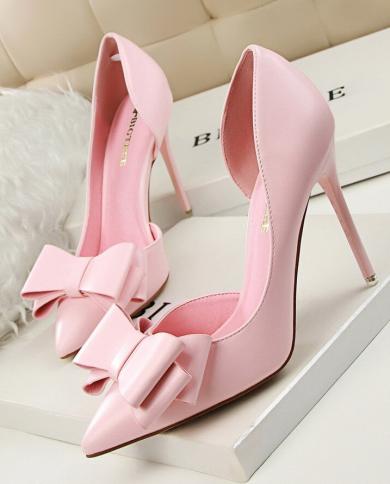 7 Colors  Sweet Bowtie Pointed Toe Women Pumps New Fashion Patent Leather  Side Cut Outs Shallow High Heels Shoeswomens