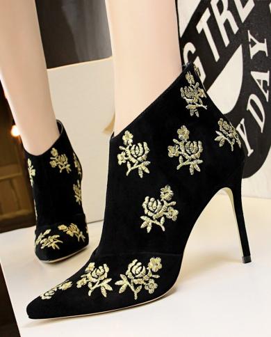 Bigtree Fashion Embroider Pattern Ankle Boots Women Pointed Toe Solid Flock  Party Boots Womens High Heels Short Bootsa