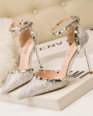 2022 New Women Pumps High Thin Heel Pointed Toe Buckle  Ladies Bridal Wedding Women Shoes White Rivets High Heels Sandal