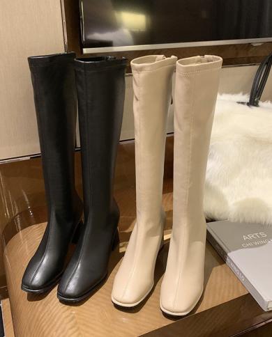 2022 Fashion Women 7cm Black Block High Heels Long Boots New Winter Warm Knee High Boots Soft Leather Thigh High Boots S