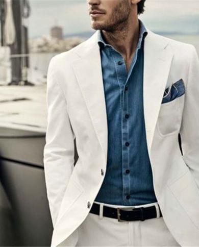 Ivory Linen 2 Pieces Groom Tuxedos For Beach Wedding Slim Fit Mens Prom Dinner Suits Casual Blazer Best Men Groomsman Su