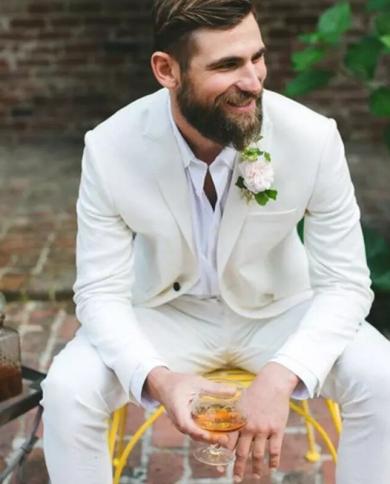 Fashion Cream White Groom Wedding Tuxedos Slim Fit Mens Suits Peaked Lapel One Button Prom Party Blazer Jacket jacketp