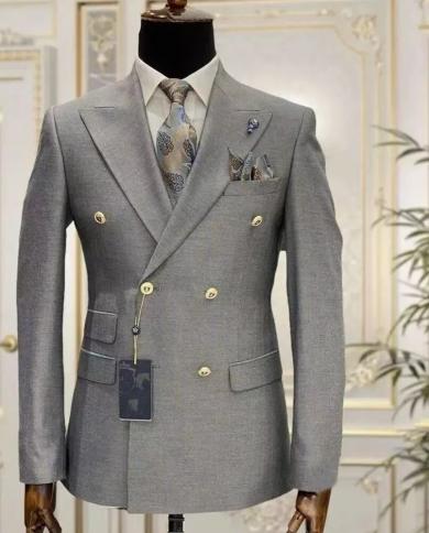 Grey Peaked Lapel Suits For Men 2 Pieces Double Breasted Custom Made Slim Fit Jacketpants Groom Wedding Blazers Daily W