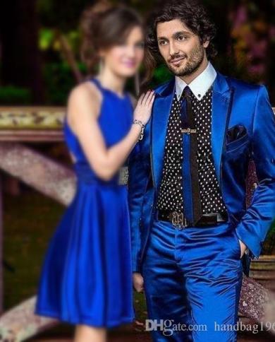 Mais recente design 1 botão azul royal cetim smoking noivo padrinhos lapela pico padrinho blazer masculino ternos de casamento 