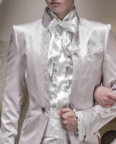 Ivory Embroidery Satin Tuxedos For Men Italian Style Men Suits Formal Party Blazer With Pants Groom Wedding Prom Suitssu