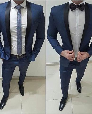 Dark Blue Men Suits With Black Shawl Lapel Costume Homme Party Prom Groom Tuxedo  Wedding Terno Masculino Man Blazer 2 P