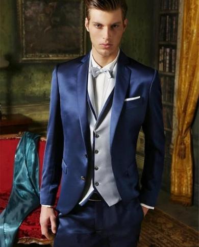  Navy Blue Groomsmen Notch Lapel Wedding Dinner Suits Groom Tuxedo Shiny Best Man Bridegroom Suit jacketpantstievest