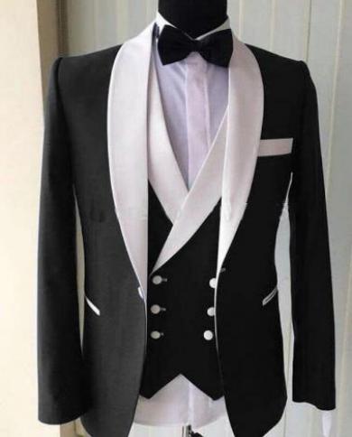 Trajes de boda de último diseño para hombre, chaqueta de tres piezas con solapa de chal blanco, chaleco cruzado, pantalones ajus