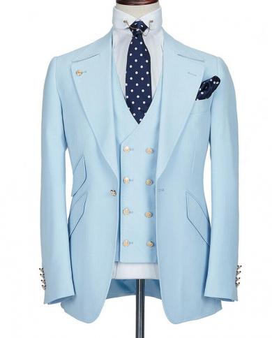 Costume Homme Light Blue Men Suits Double Breasted Vest Grooms Wedding Blazer Groomsmen Tuxedos Formal Men Cloth 3 Piece