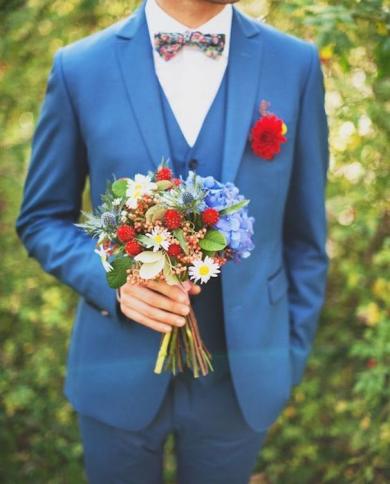 Custome Homme Blue Notch Lapel Wedding Suits For Men Blazer Slim Fit Jacketpantbowtievest 2 Buttons Tuxedos Formal Me