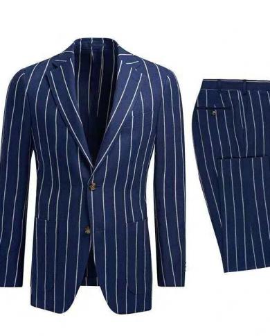  Blue Wide Vertical Stripe Men Suits Costume Homme Wedding Prom Terno Masculino Slim Fit Groom Blazer 2 Pcs Jacketpants