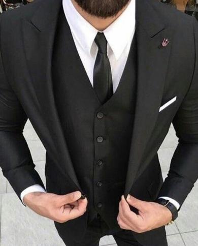 Black Mens Classic Wedding Suits Costume Homme Man Blazers Peaked Lapel 3 Piece Coat Pants Vest Prom Wear Terno Masculin
