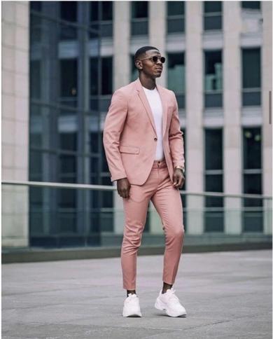 Street Style Dusty Pink Men Suits 2 Pieces Notch Lapel Casual Formal Coat Pant Design Suits Custom Made Man Blazers Jack