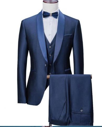 צעיף כחול כהה דש חליפות גברים תלבושות homme כפתור אחד slim fit חתן אופנה גבר בלייזר חתונה טוקסידו טרנו masculi