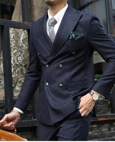 חליפות חתונה לגברים חתן באיכות גבוהה עיצוב טוקסידו עסקי קזואל חליפת פסים כחול כהה 2 חלקים זקטחליפות מכנסיים