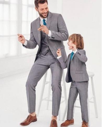 Grey Her And Son Suits Fashion Family Matching Suit Formal Tuxedo Groom Wedding Suits For Men Kids Boy Party Prom Blazer