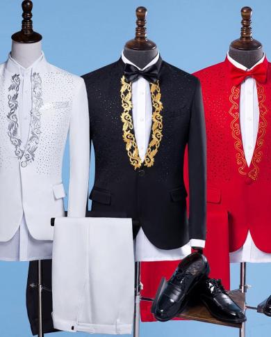 New Arrival Men Suits Appliqued Sequins Damier Check 2 Pieces Gentleman Groom Tuxedos Wedding Terno Masculino Slim Fit B