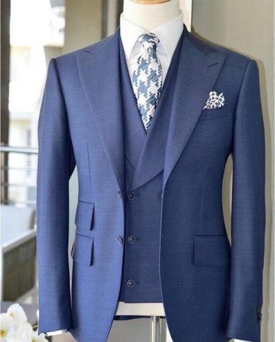 Costume Homme Real Photo Blue Men Suits Slim Fit 3 Pieces Fashion Tuxedo Prom Wedding Suits Custom Groom Blazer Terno Ma