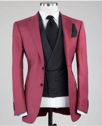Business Slim Fit Men Suits Dark Red Jacket Black Pant Vest Tuxedos Retro Terno Masculino Prom Costume Homme Blazer 3 Pi