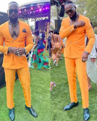 Orange No Collar Men Suits Double Breasted Wedding Groom Tuxedo Costume Homme Groom 2pcs Terno Masculino Slim Fit Blazer