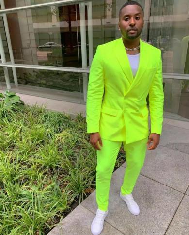 Fluorescent Green Men Suits Costume Homme Prom Peak Lapel Terno Masculino Slim Fit Groom Blazer Wedding 2 Pcsjacketpan