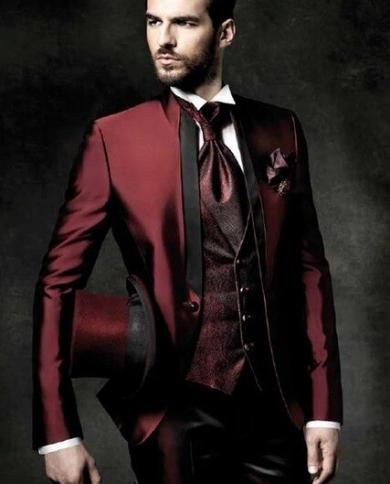  High Quality One Button Dark Red Groom Tuxedos Groomsmen Mens Wedding Suits Prom Bridegroom jacketpantsvesttie  Su