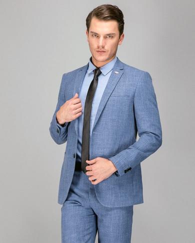 New Arrival Linen Light Blue Men Suit Costume Homme Pants Groom Tuxedos Wedding Mens Prom Dinner Party Suits Jacketpant