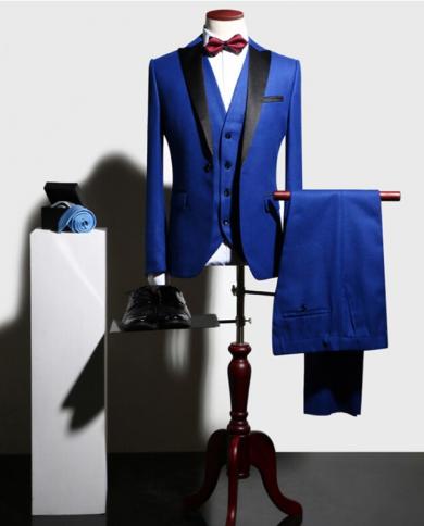 Royal Blue Costume Homme Groom Tuxedos Black Lapel Wedding Tuxedos Men Prom Blazer Terno Masculino 3 Pcs jacketpantsv