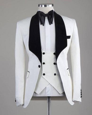 White With Black Satin Shawl Lapel Men Suits Groom Wedding Tuxedos Groomsmen Outfit Slim Fit Trajes De Hombre Costume 3 