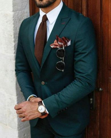 Green Business Men Suits For Wedding Groom Tuxedo Customize Best Man Outfit Groomsmen Attires 2piece Man Ternos Peak Lap